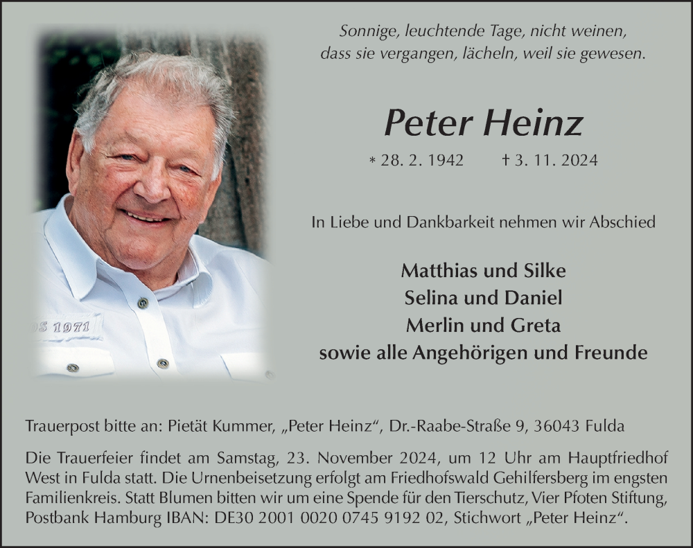  Traueranzeige für Peter Heinz vom 16.11.2024 aus FZ