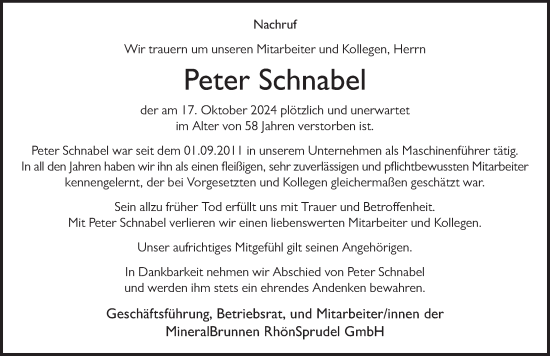 Traueranzeige von Peter Schnabel von FZ