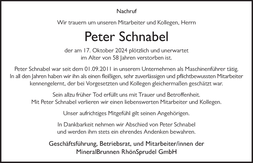  Traueranzeige für Peter Schnabel vom 09.11.2024 aus FZ