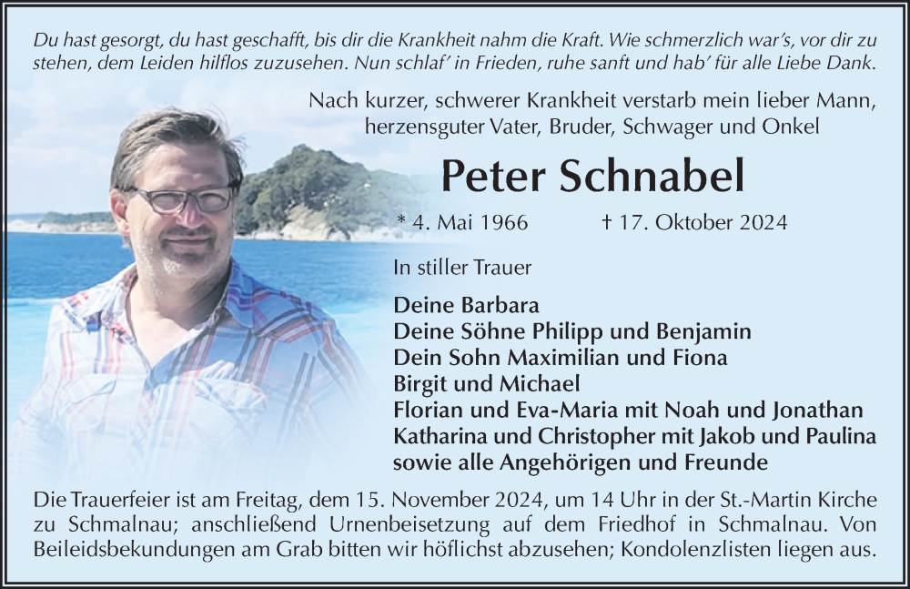 Traueranzeige für Peter Schnabel vom 09.11.2024 aus FZ