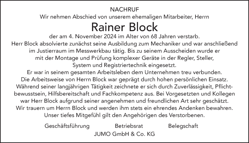  Traueranzeige für Rainer Block vom 15.11.2024 aus FZ
