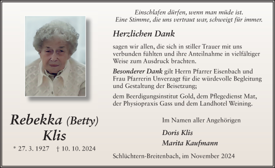 Traueranzeige von Rebekka Klis von FZ
