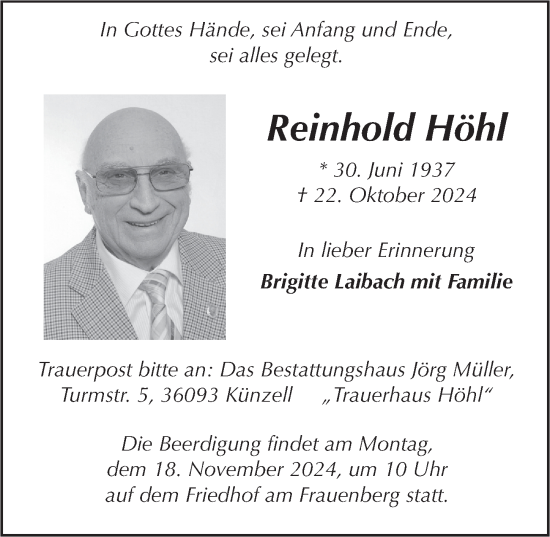 Traueranzeige von Reinhold Höhl von FZ