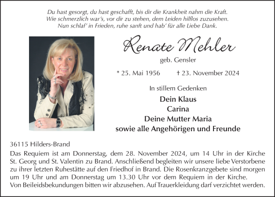 Traueranzeige von Renate Mehler von FZ