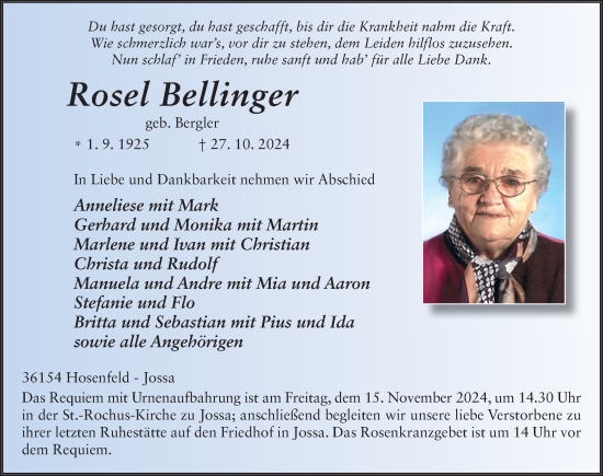 Traueranzeige von Rosel Bellinger von FZ