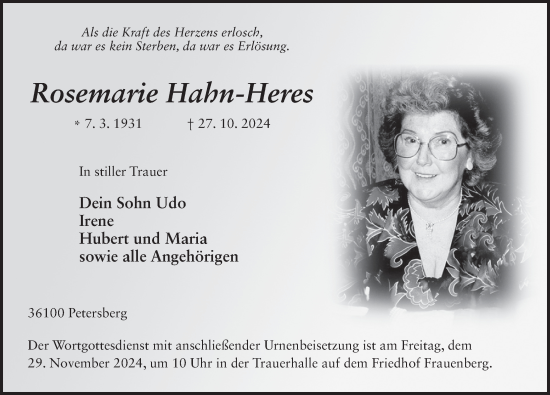 Traueranzeige von Rosemarie Hahn-Heres von FZ
