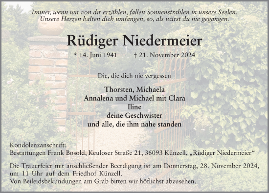 Traueranzeige von Rüdiger Niedermeier von FZ