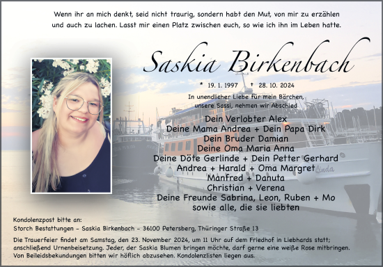 Traueranzeige von Saskia Birkenbach von FZ