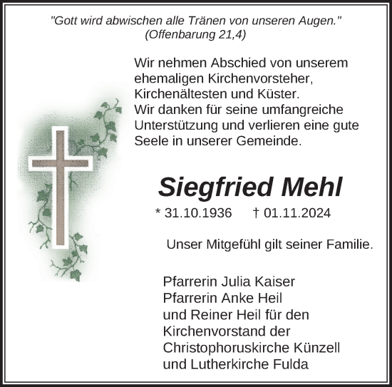 Traueranzeige von Siegfried Mehl von FZ