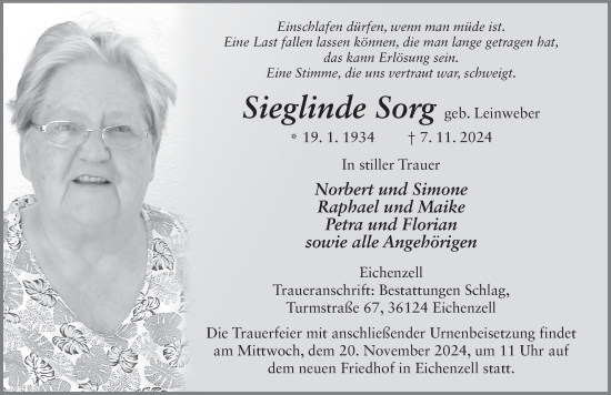 Traueranzeige von Sieglinde Sorg von FZ