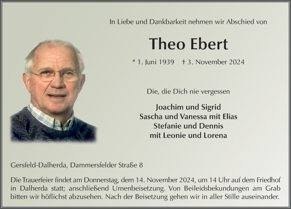  Traueranzeige für Theo Ebert vom 12.11.2024 aus FZ