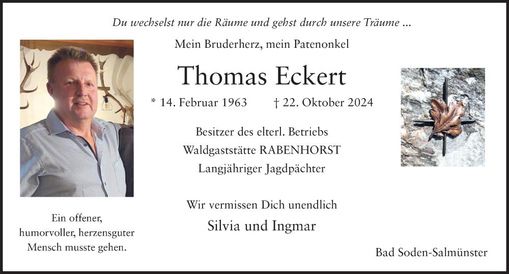 Traueranzeige für Thomas Eckert vom 09.11.2024 aus FZ
