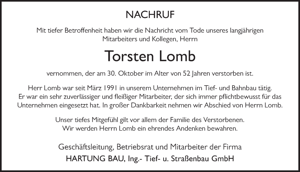  Traueranzeige für Torsten Lomb vom 07.11.2024 aus FZ