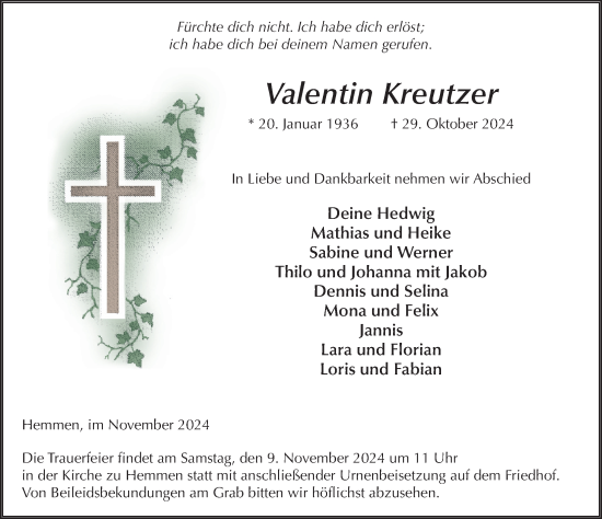 Traueranzeige von Valentin Kreutzer von FZ