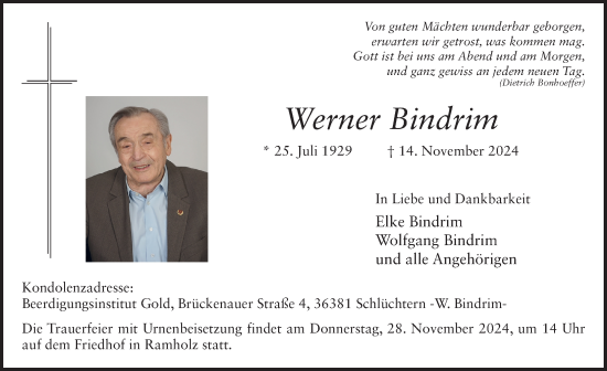 Traueranzeige von Werner Bindrim von FZ
