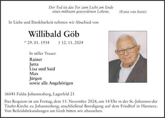 Traueranzeige von Willibald Göb von FZ