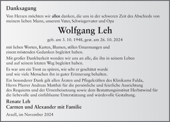 Traueranzeige von Wolfgang Leh von FZ