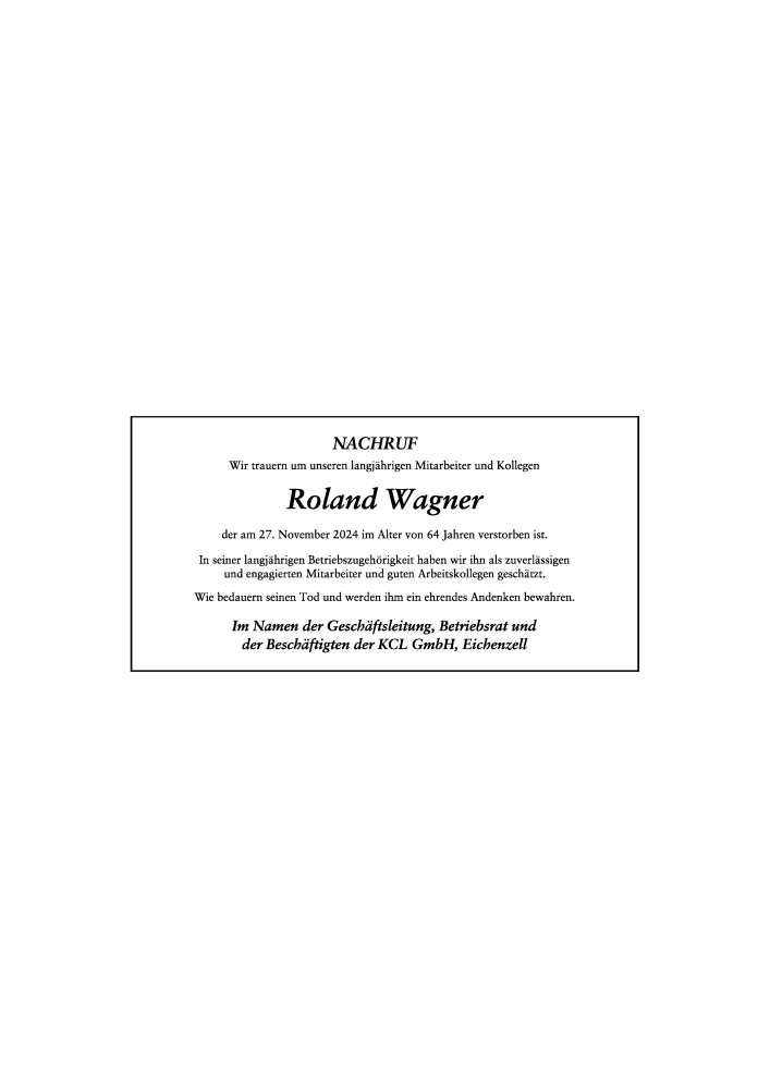 Traueranzeige für Roland Wagner vom 03.12.2024 aus FZ