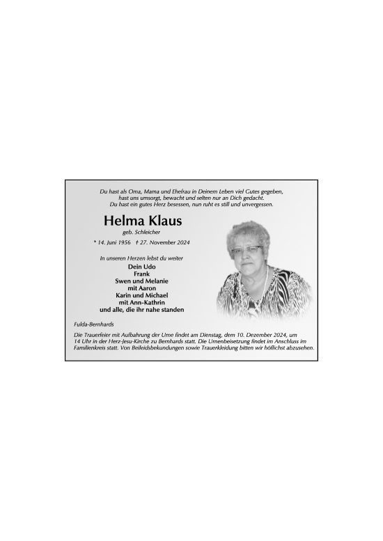 Traueranzeige von Helma Klaus von FZ