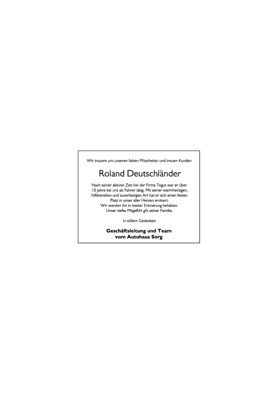 Traueranzeige von Roland Deutschländer von fz