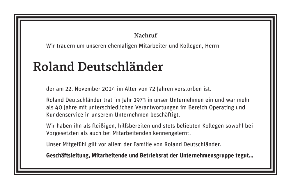  Traueranzeige für Roland Deutschländer vom 02.12.2024 aus FZ