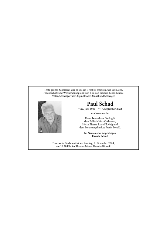 Traueranzeige von Paul Schad von FZ
