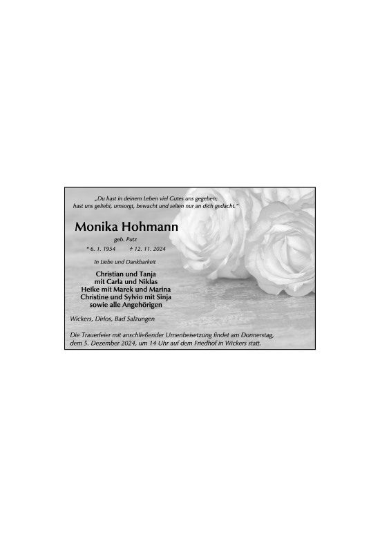 Traueranzeige von Monika Hohmann von FZ