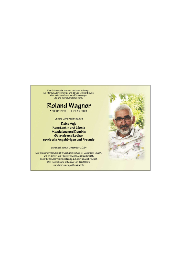  Traueranzeige für Roland Wagner vom 03.12.2024 aus FZ