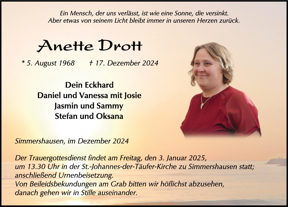  Traueranzeige für Anette Drott vom 28.12.2024 aus FZ