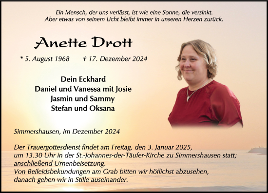 Traueranzeige von Anette Drott von FZ