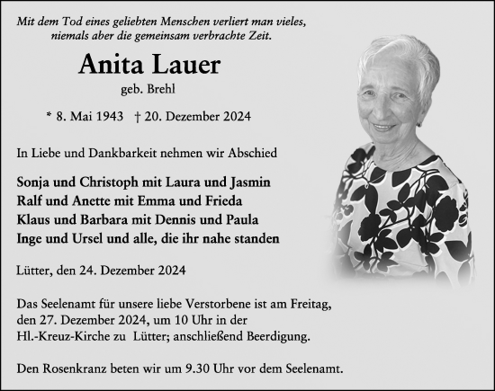 Traueranzeige von Anita Lauer von FZ