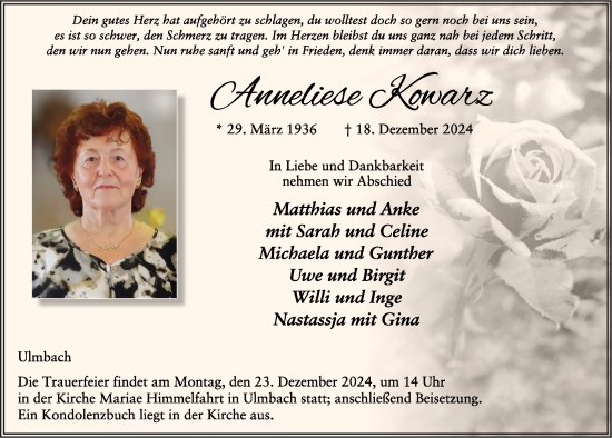 Traueranzeige von Anneliese Kowarz von FZ