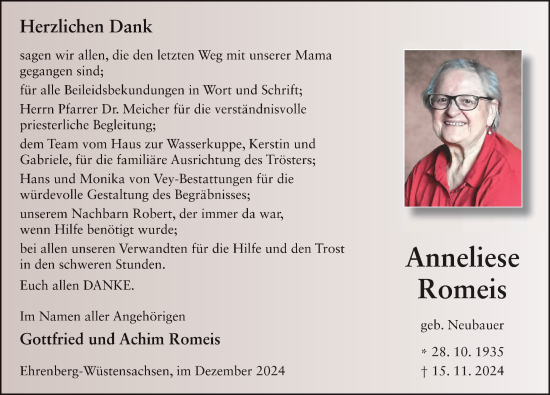 Traueranzeige von Anneliese Romeis von FZ