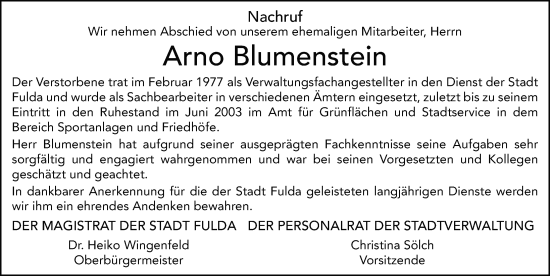 Traueranzeige von Arno Blumenstein von FZ