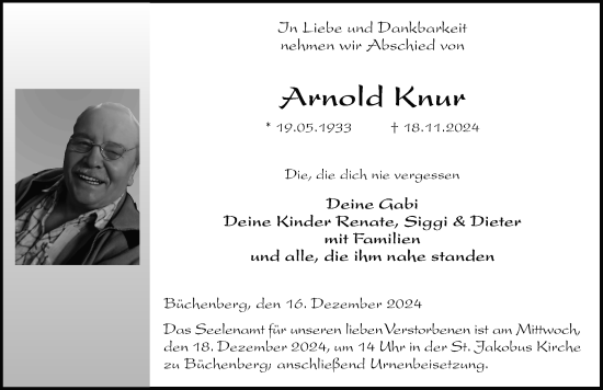 Traueranzeige von Arnold Knur von FZ