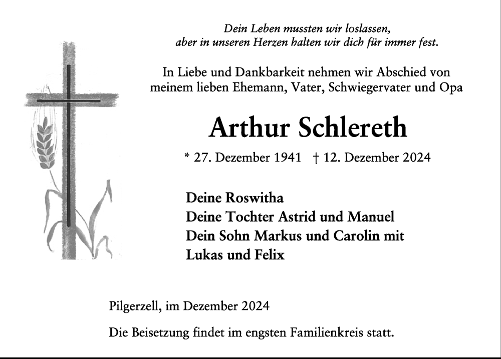  Traueranzeige für Arthur Schlereth vom 21.12.2024 aus FZ