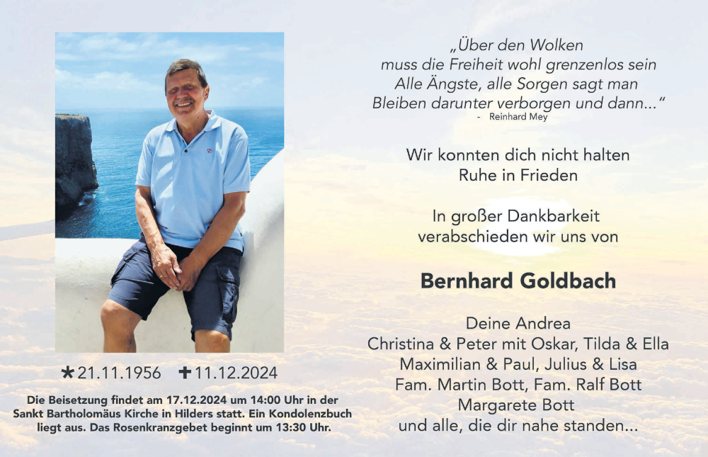 Traueranzeige für Bernhard Goldbach vom 14.12.2024 aus FZ