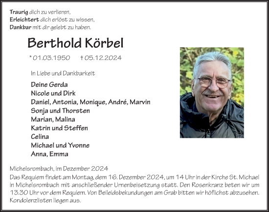 Traueranzeige von Berthold Körbel von FZ