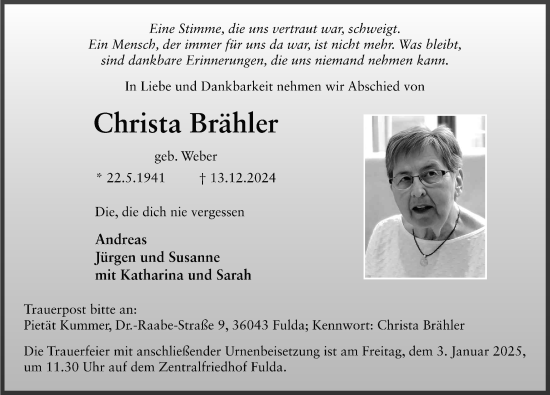 Traueranzeige von Christa Brähler von FZ