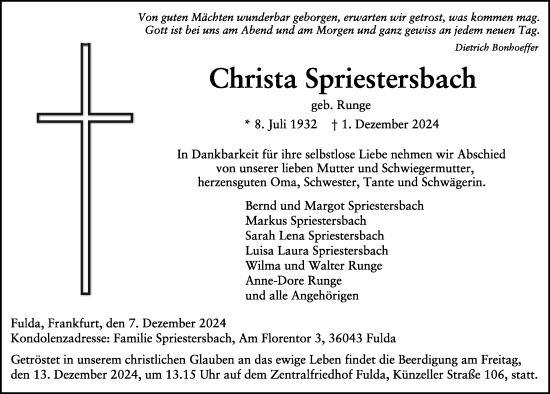 Traueranzeige von Christa Spriestersbach von FZ
