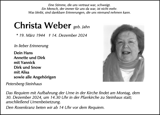 Traueranzeige von Christa Weber von FZ