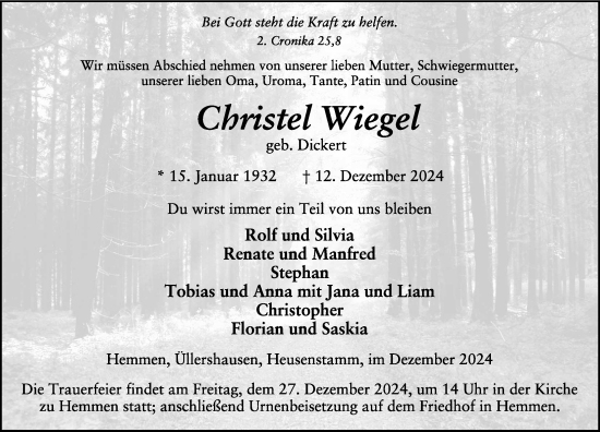 Traueranzeige von Christel Wiegel von FZ