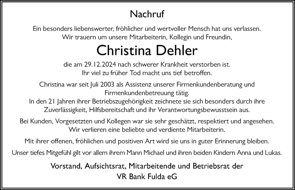  Traueranzeige für Christina Dehler vom 31.12.2024 aus FZ