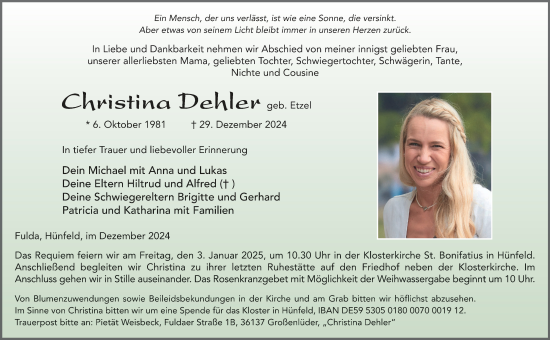 Traueranzeige von Christina Dehler von FZ