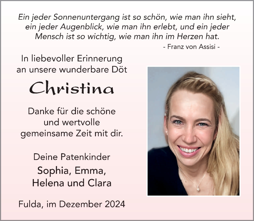  Traueranzeige für Christina Dehler vom 31.12.2024 aus FZ