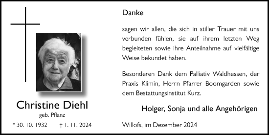 Traueranzeige von Christine Diehl von FZ