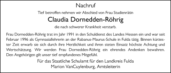 Traueranzeige von Claudia Dornedden-Röhrig von FZ