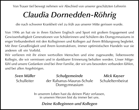 Traueranzeige von Claudia Dornedden-Röhrig von FZ