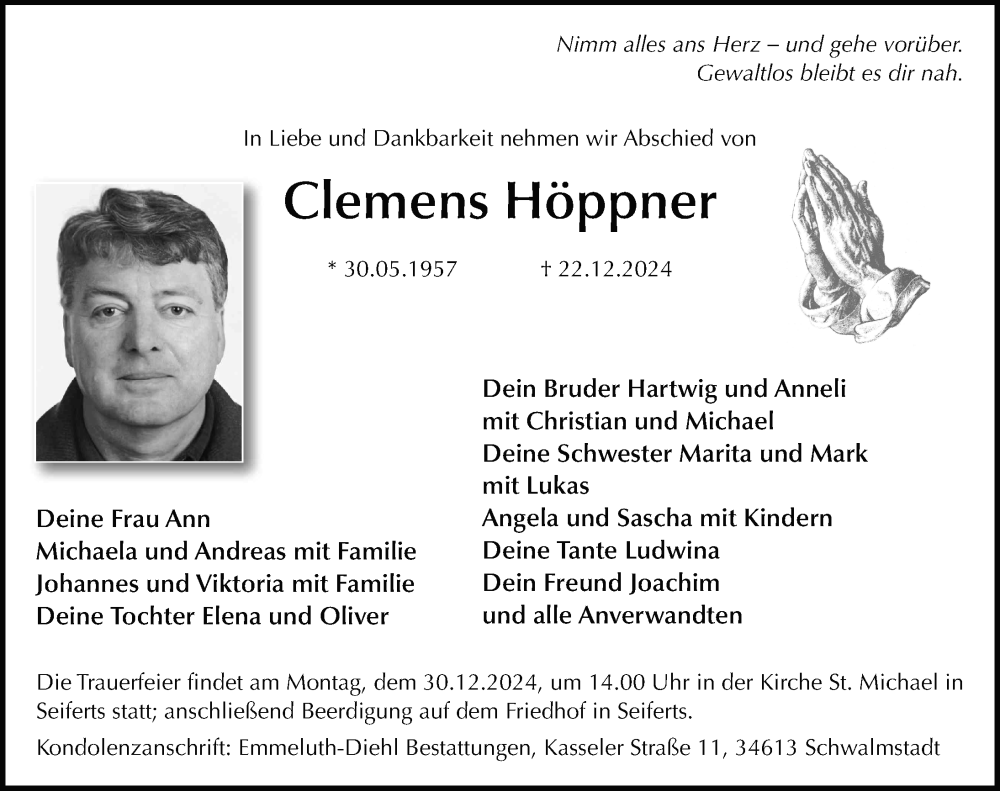  Traueranzeige für Clemens Höppner vom 28.12.2024 aus FZ