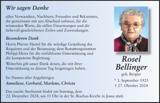 Traueranzeige von Rosel Bellinger von FZ